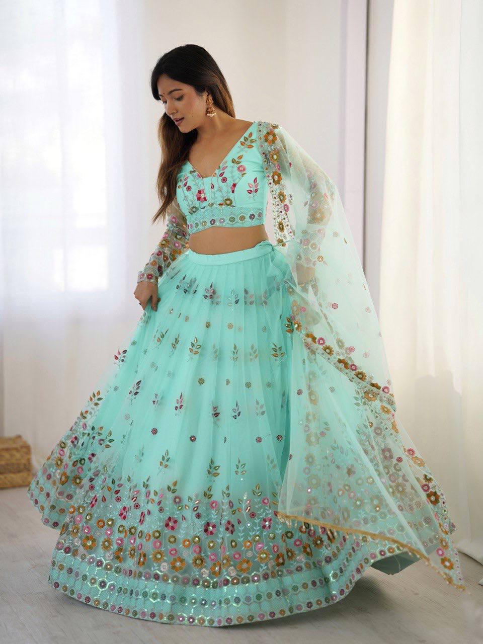Sky Blue Color Heavy Thread with Sequins Work  Designer Lehenga Choli