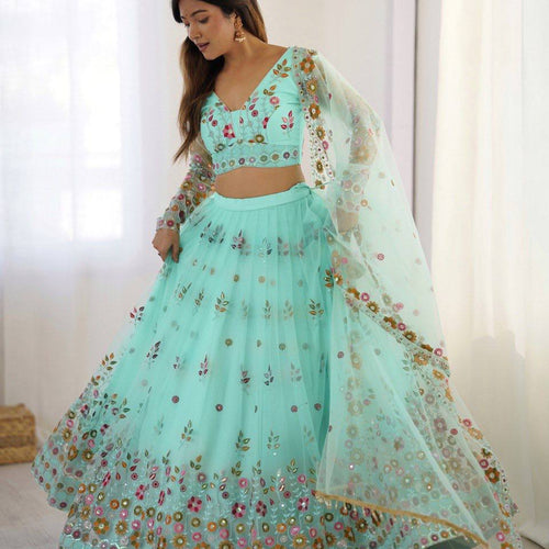 Sky Blue Color Heavy Thread with Sequins Work  Designer Lehenga Choli