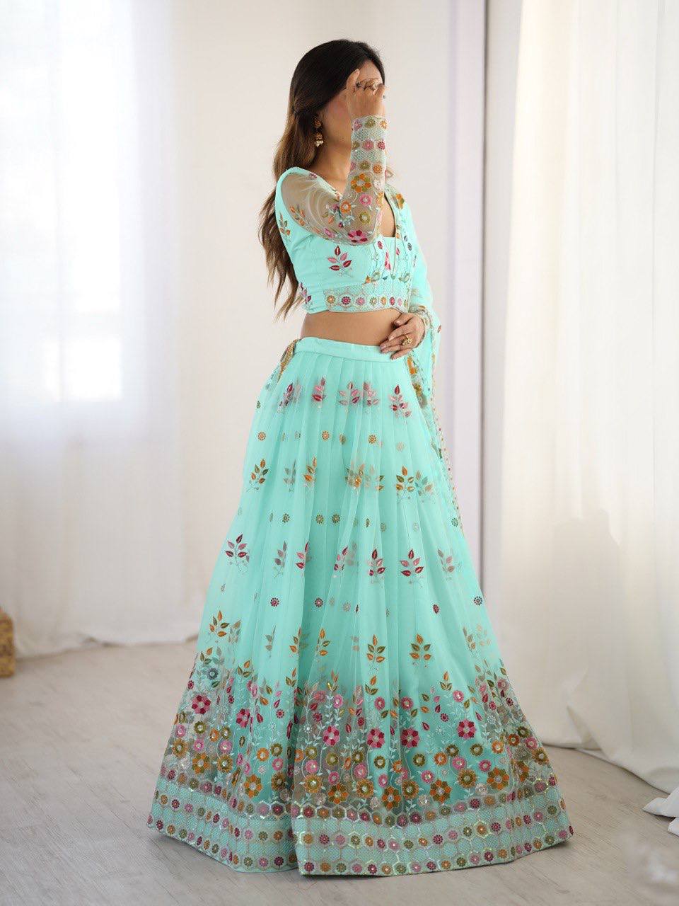 Sky Blue Color Heavy Thread with Sequins Work  Designer Lehenga Choli
