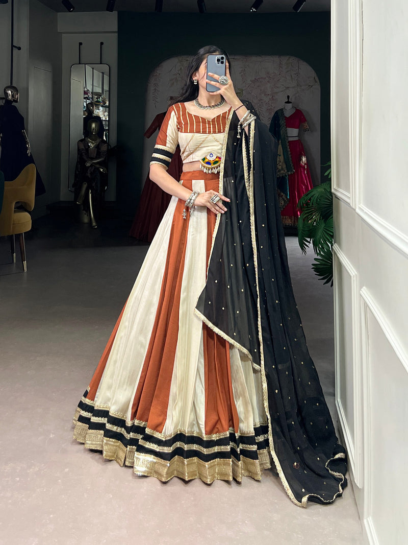 Off-White And Orange Color Pure Chinon with Gamthi Work Navratri Lehenga Choli