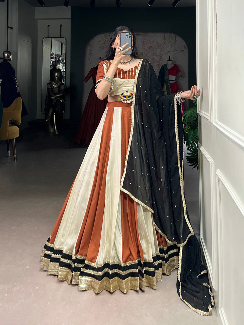 Off-White And Orange Color Pure Chinon with Gamthi Work Navratri Lehenga Choli