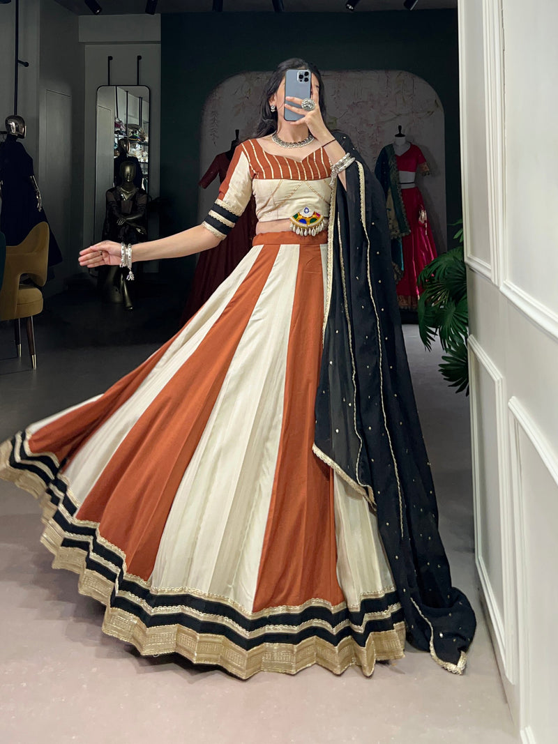 Off-White And Orange Color Pure Chinon with Gamthi Work Navratri Lehenga Choli