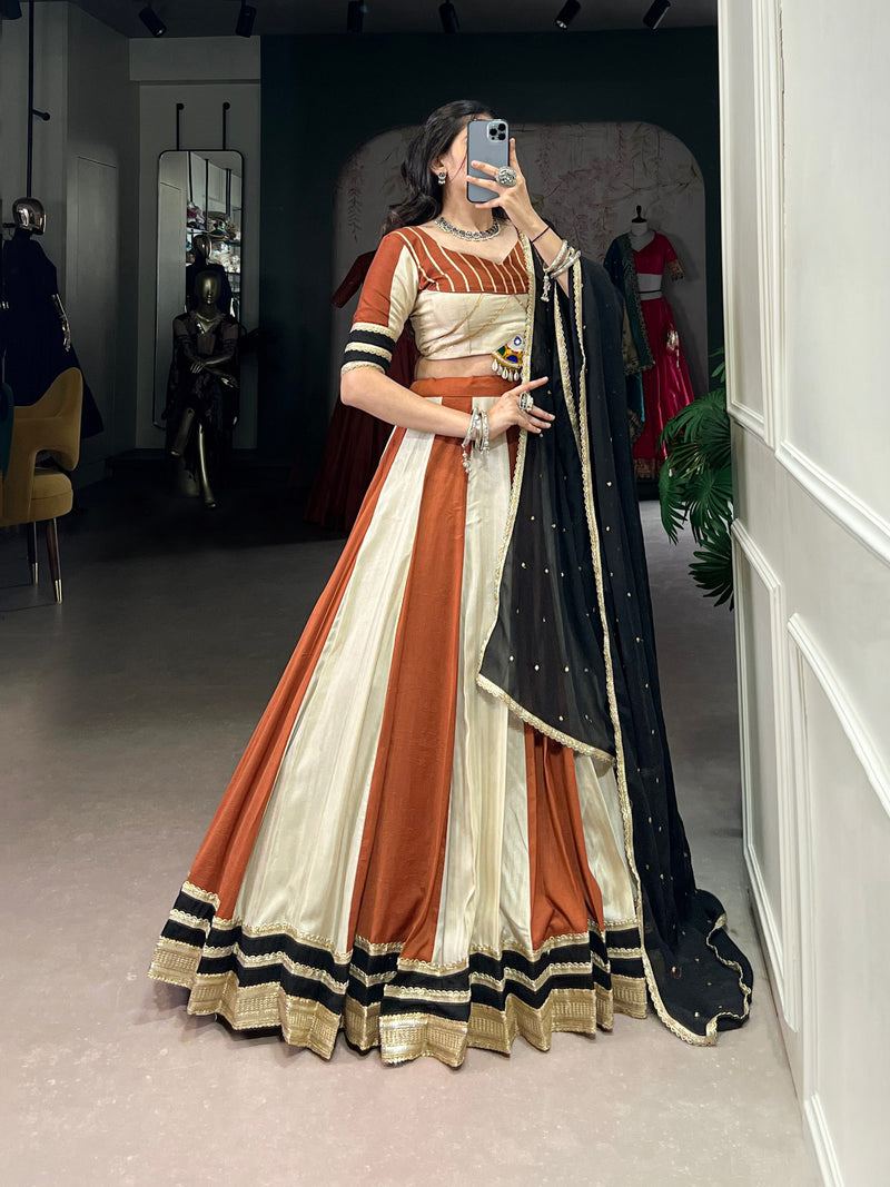 Off-White And Orange Color Pure Chinon with Gamthi Work Navratri Lehenga Choli