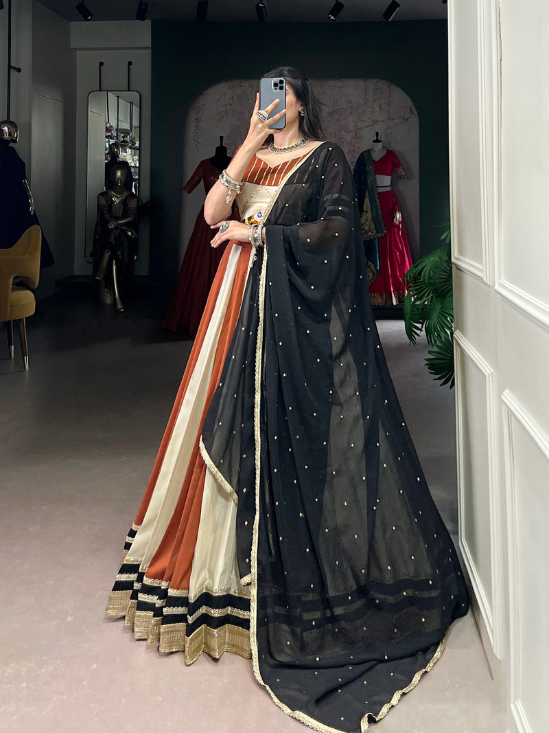 Off-White And Orange Color Pure Chinon with Gamthi Work Navratri Lehenga Choli