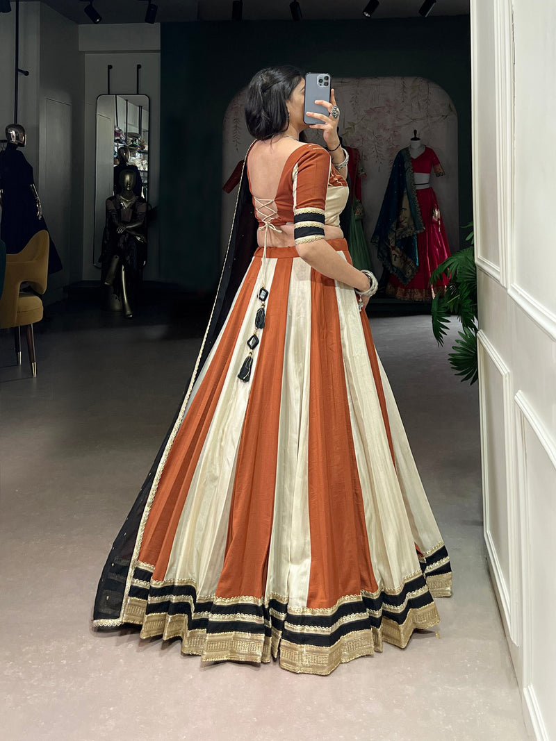 Off-White And Orange Color Pure Chinon with Gamthi Work Navratri Lehenga Choli