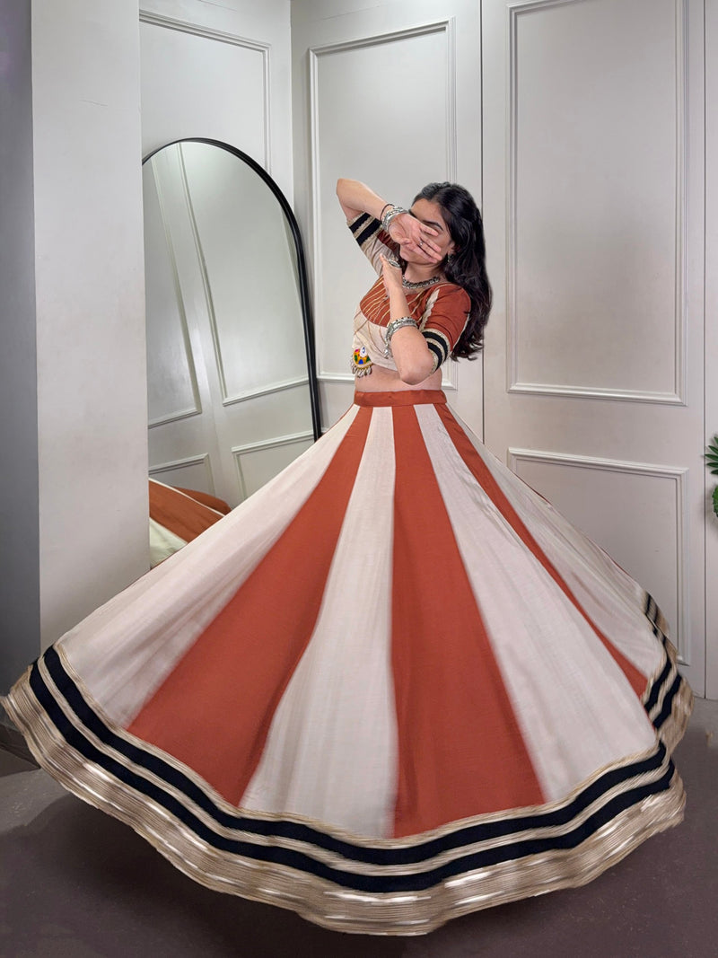 Off-White And Orange Color Pure Chinon with Gamthi Work Navratri Lehenga Choli