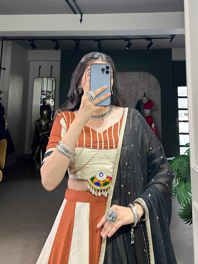 Off-White And Orange Color Pure Chinon with Gamthi Work Navratri Lehenga Choli