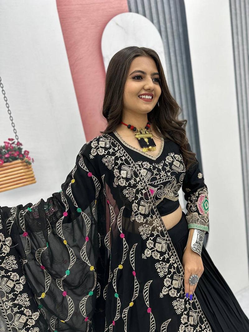 Black Color Pure Cotton with Embroidery Work Designer Navratri Lehenga Choli