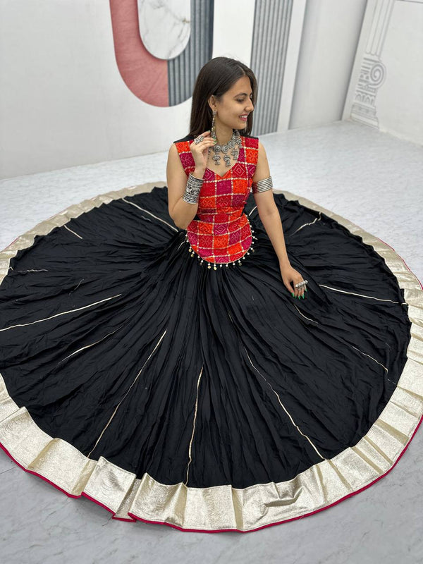Black Color Pure Cotton with Foil Peinted Designer Navratri Lehenga Top