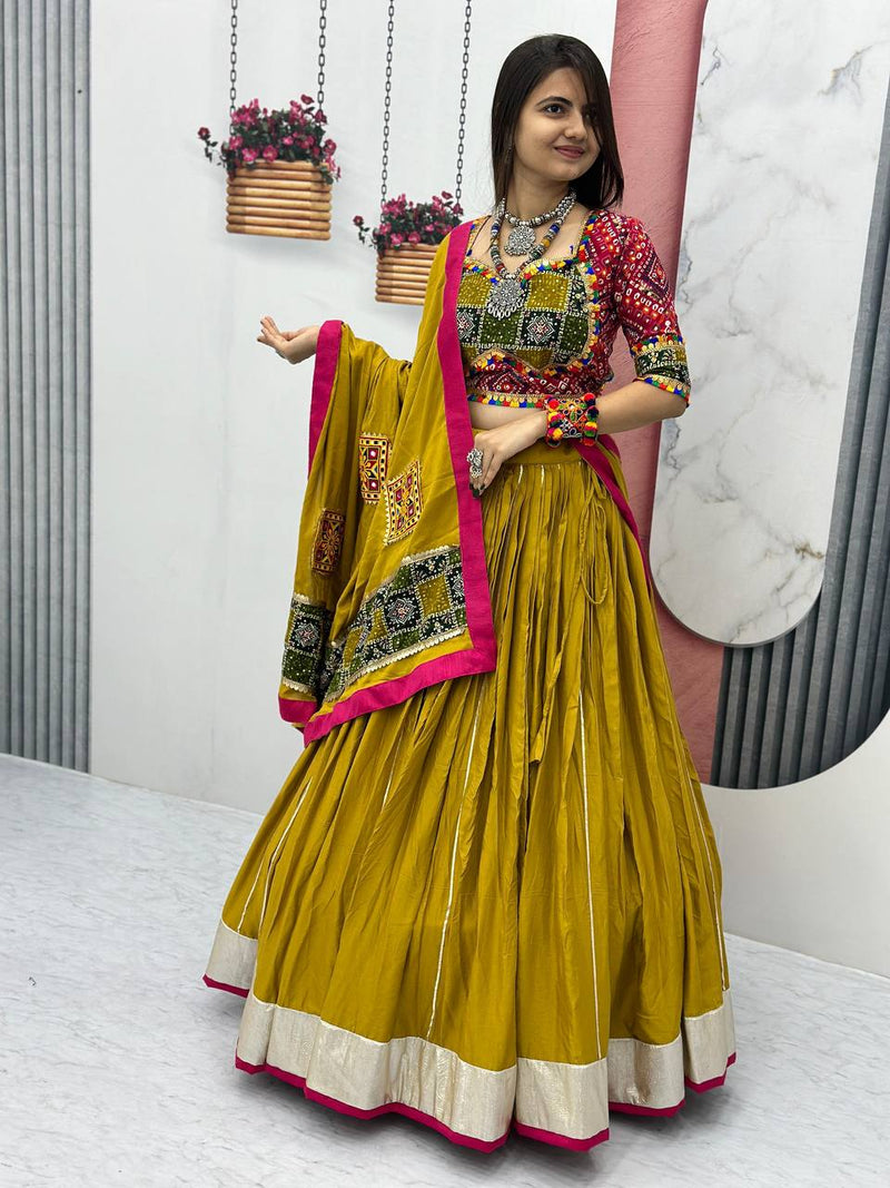 Musturd  Color Pure Cotton with Embroidery Work Designer Navratri Lehenga Choli