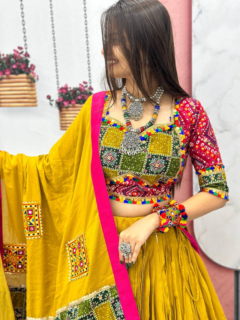 Musturd  Color Pure Cotton with Embroidery Work Designer Navratri Lehenga Choli