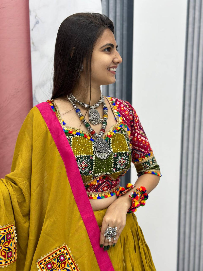 Musturd  Color Pure Cotton with Embroidery Work Designer Navratri Lehenga Choli