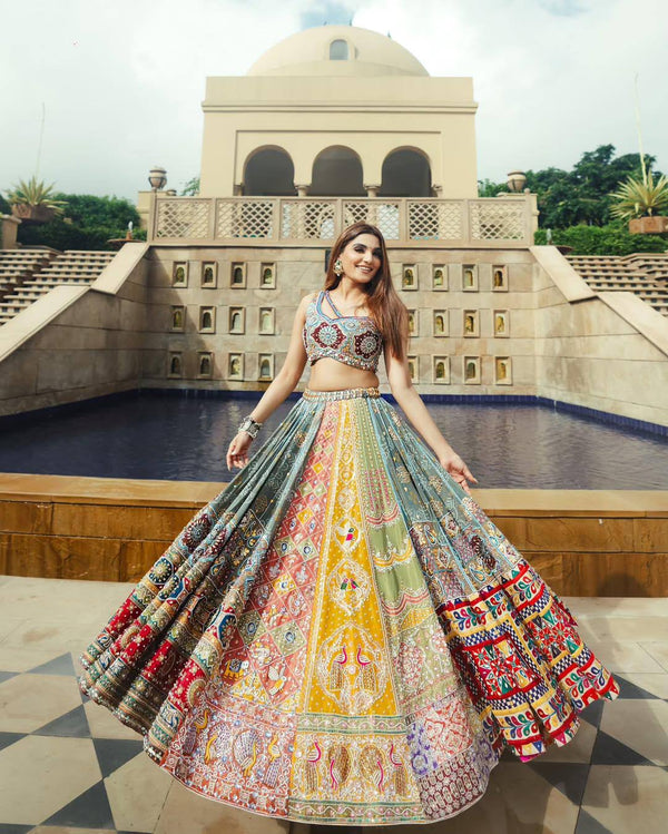 Gray Color Digital Printed Muslin Cotton Navratri Lehenga Choli