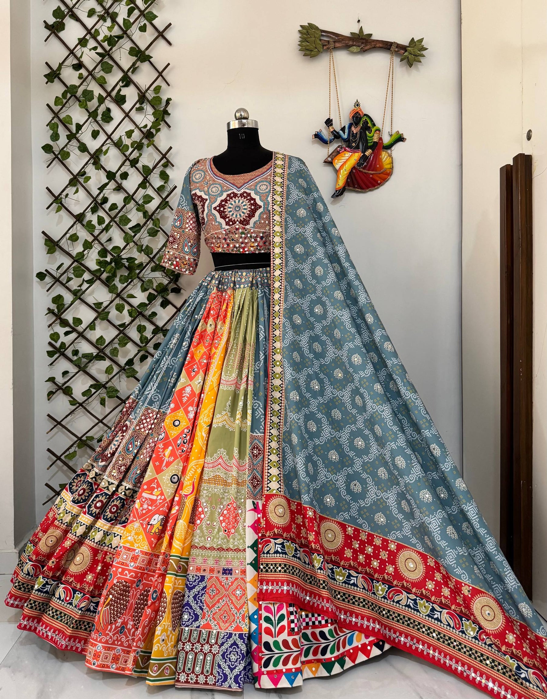 Gray Color Digital Printed Magic Cotton Navratri Lehenga Choli