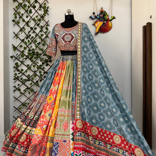 Gray Color Digital Printed Magic Cotton Navratri Lehenga Choli
