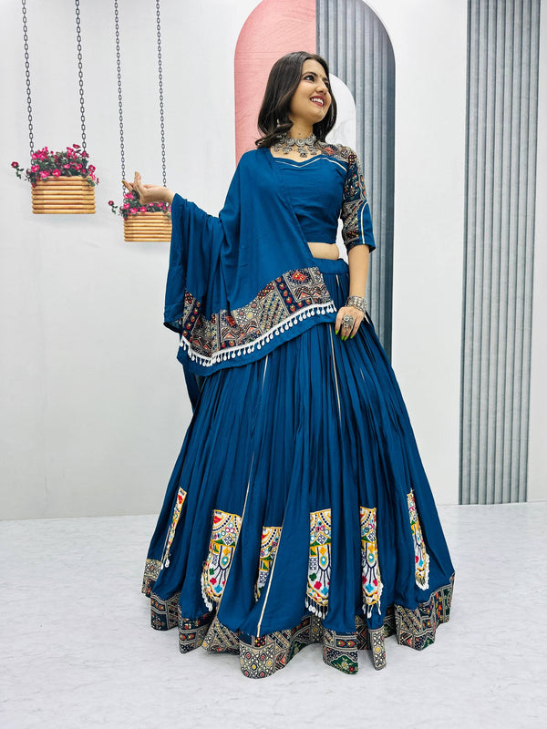 Blue Color Pure Cotton with Gamthi Work Designer Navratri Lehenga Choli