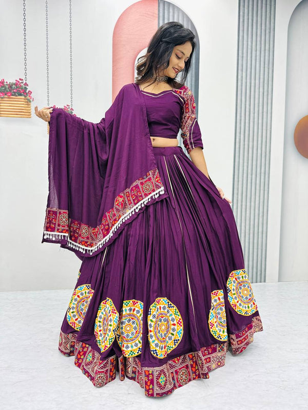 Wine Color Pure Cotton with Gamthi Work Designer Navratri  Lehenga Choli
