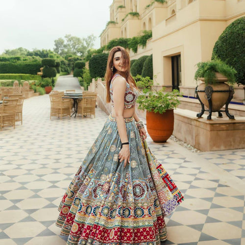 Gray Color Digital Printed Magic Cotton Navratri Lehenga Choli