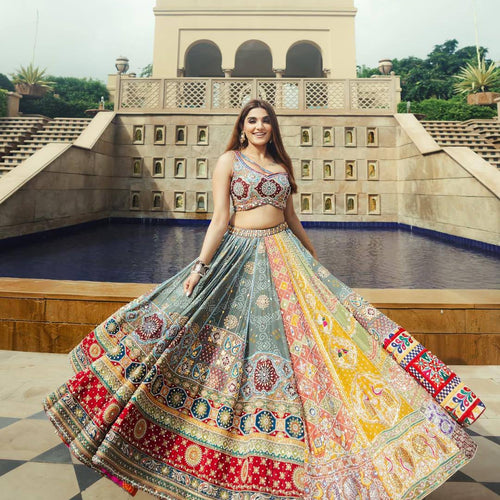 Gray Color Digital Printed Magic Cotton Navratri Lehenga Choli