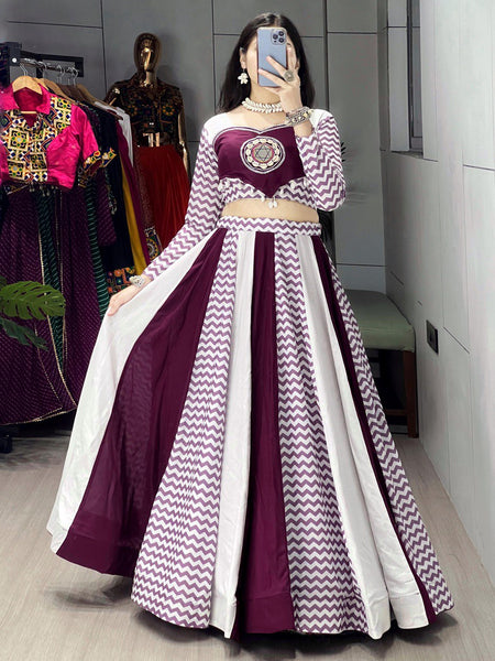 Wine Color Rayon Pure Cotton with Mirror Work Designer Navratri Lehenga Choli