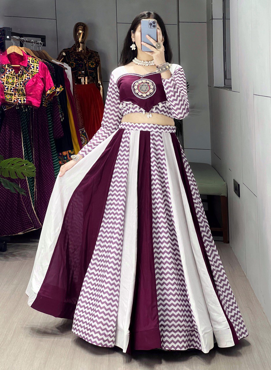 Wine Color Rayon Pure Cotton with Mirror Work Designer Navratri Lehenga Choli