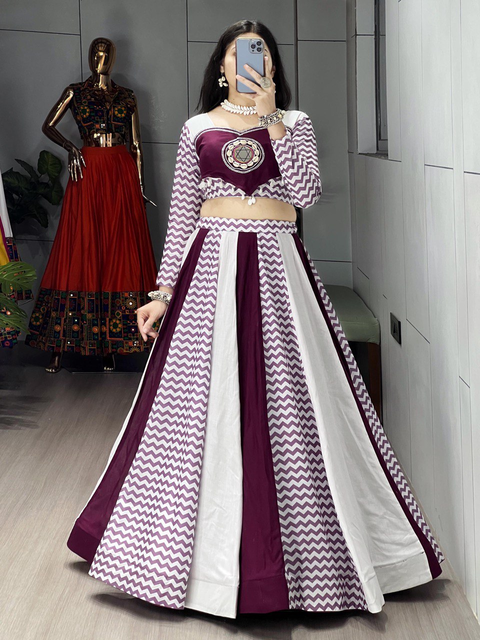 Wine Color Rayon Pure Cotton with Mirror Work Designer Navratri Lehenga Choli