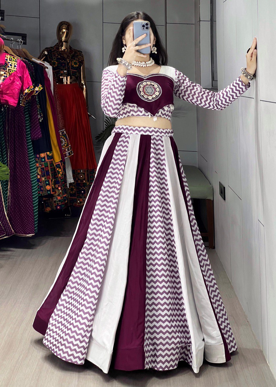 Wine Color Rayon Pure Cotton with Mirror Work Designer Navratri Lehenga Choli