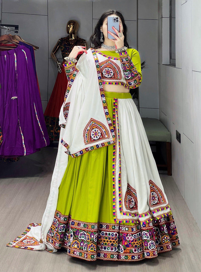 Parrot Color Rayon Pure Cotton with Gamthi Work Navratri Lehenga Choli