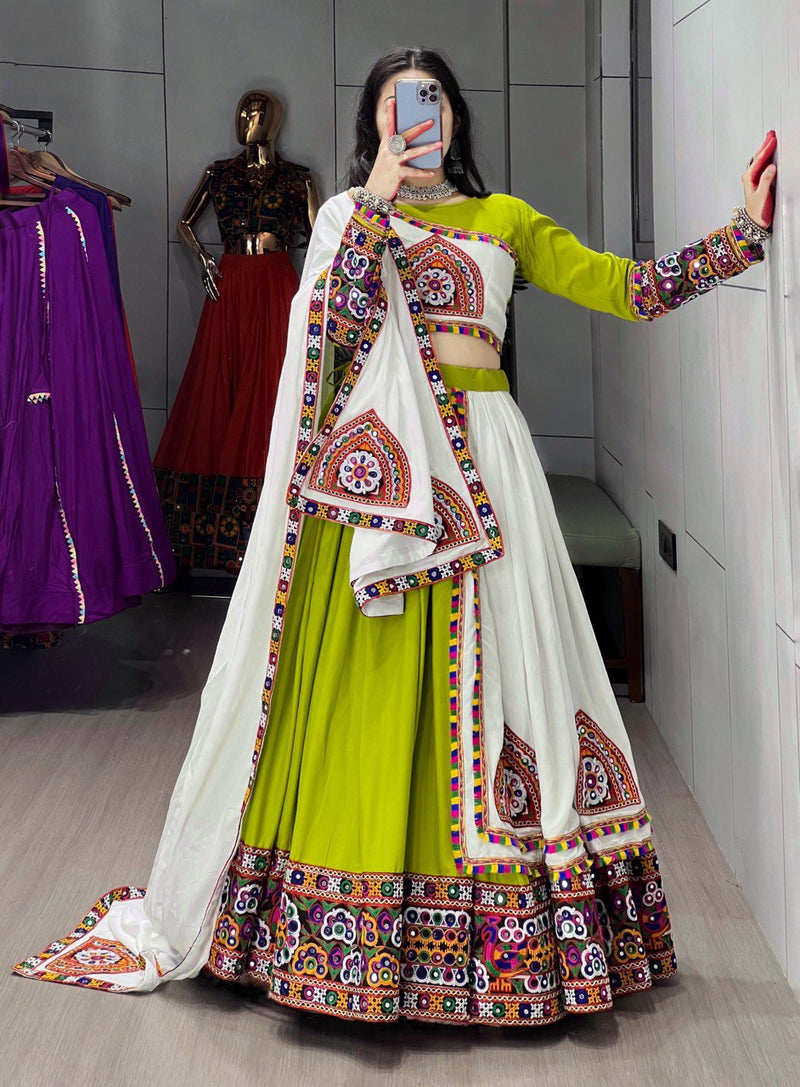 Parrot Color Rayon Pure Cotton with Gamthi Work Navratri Lehenga Choli