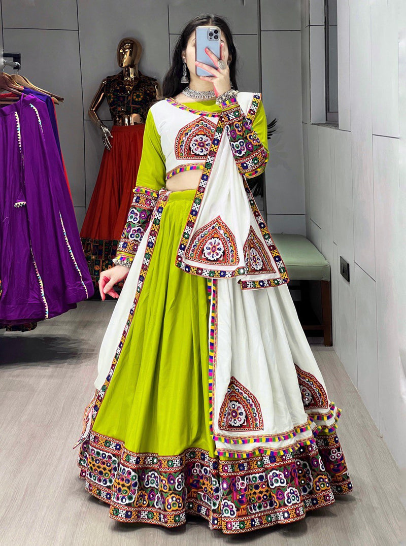 Parrot Color Rayon Pure Cotton with Gamthi Work Navratri Lehenga Choli