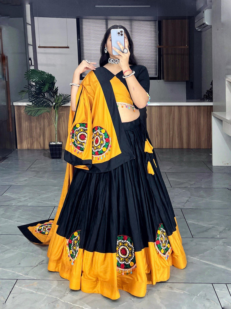 Black-Mustdr Color Rayon Pure Cotton with Gamthi Work Navratri Lehenga Choli