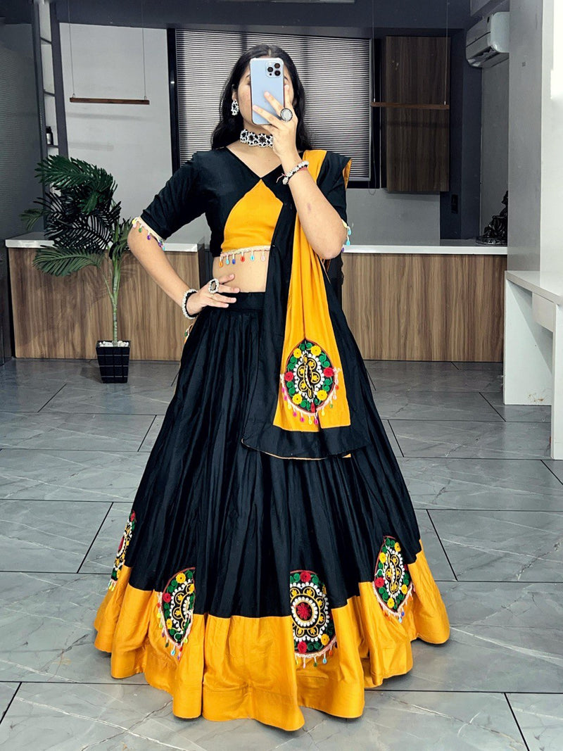 Black-Mustdr Color Rayon Pure Cotton with Gamthi Work Navratri Lehenga Choli