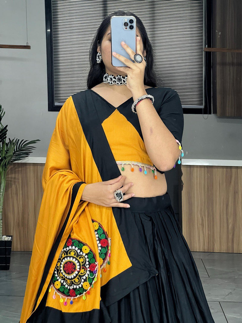 Black-Mustdr Color Rayon Pure Cotton with Gamthi Work Navratri Lehenga Choli