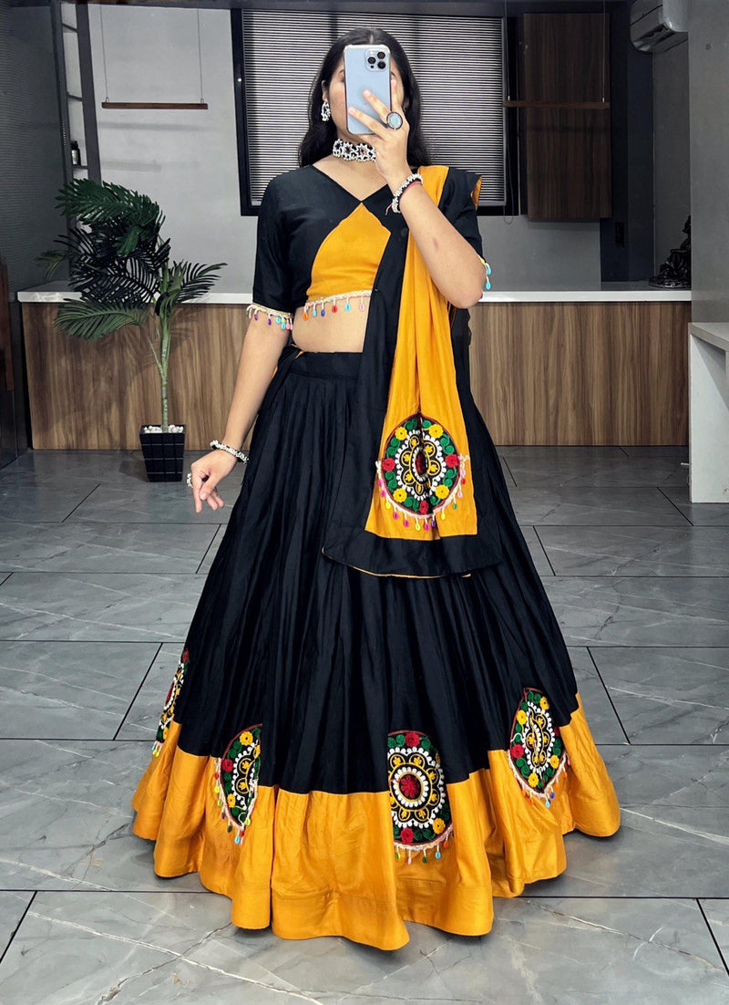 Black-Mustdr Color Rayon Pure Cotton with Gamthi Work Navratri Lehenga Choli