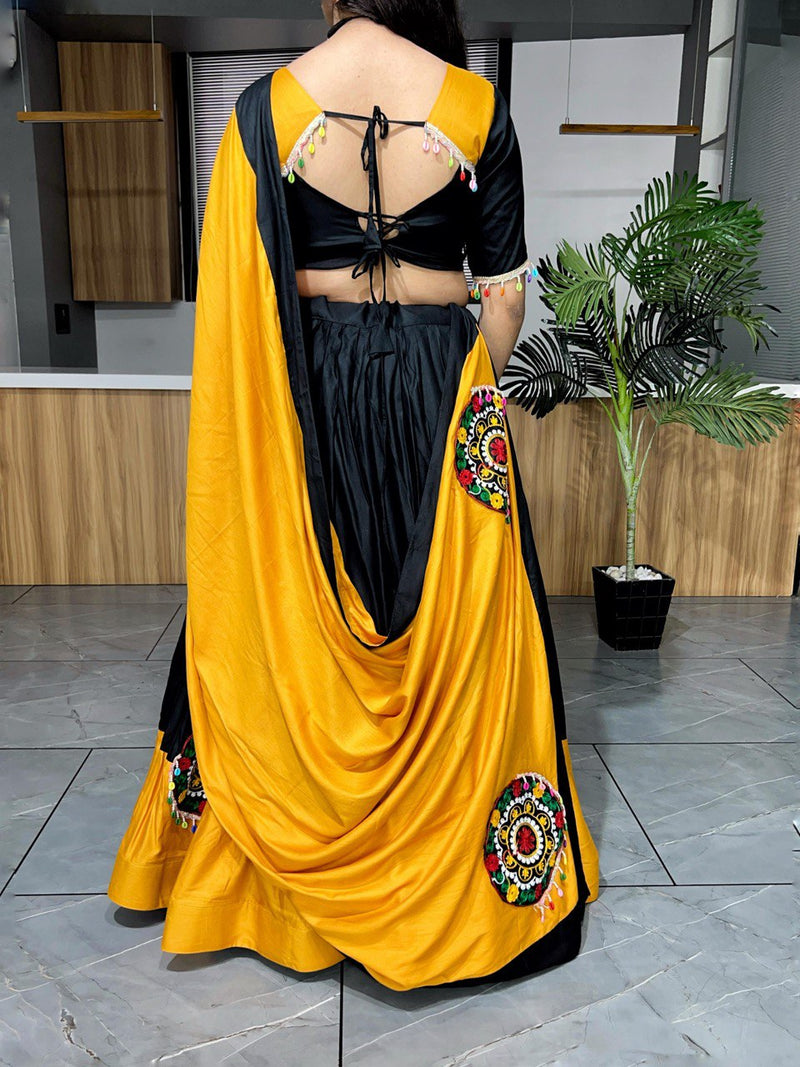 Black-Mustdr Color Rayon Pure Cotton with Gamthi Work Navratri Lehenga Choli
