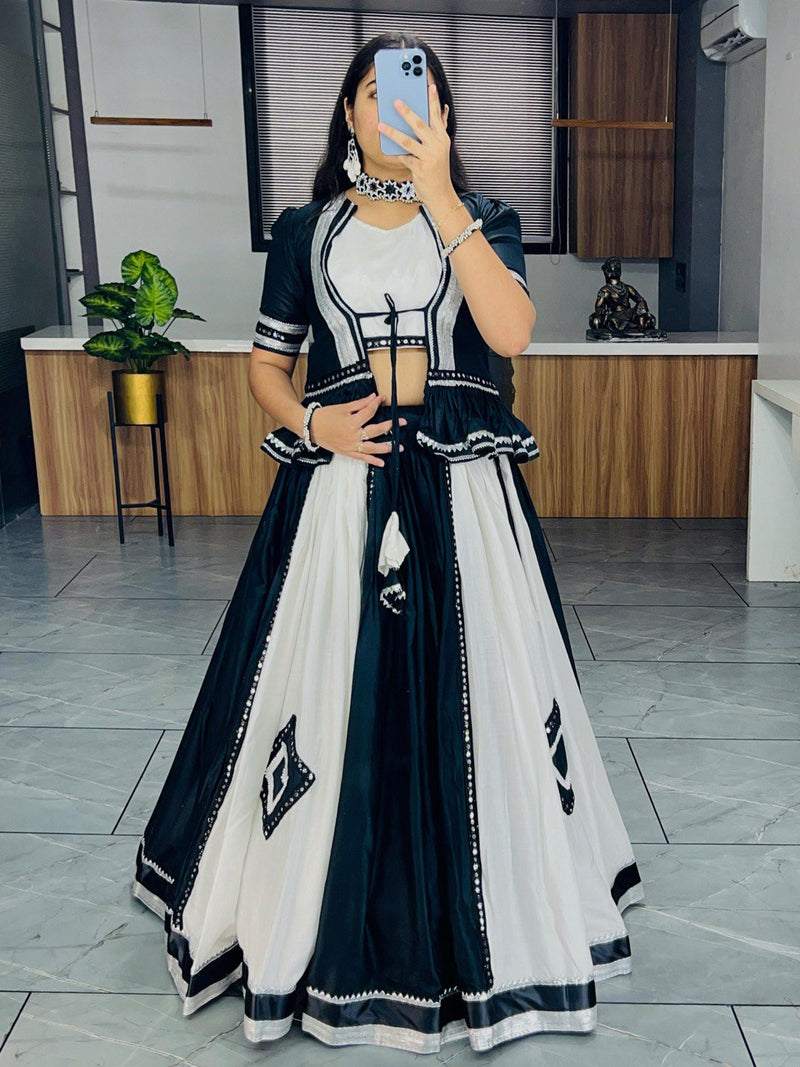 Black-White Color Pure Rayon Cotton with Gamthi Work Navratri Lehenga Choli