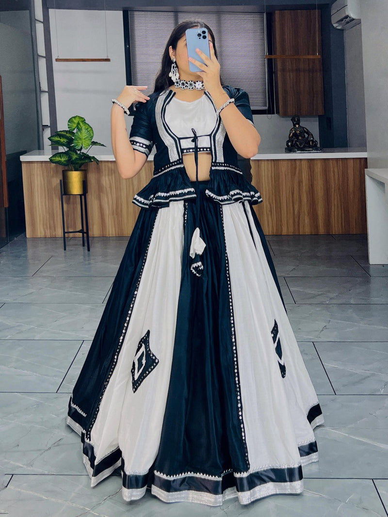 Black-White Color Pure Rayon Cotton with Gamthi Work Navratri Lehenga Choli