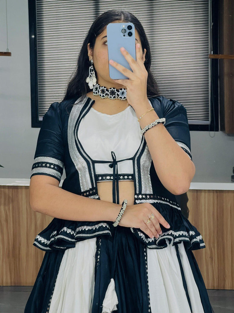 Black-White Color Pure Rayon Cotton with Gamthi Work Navratri Lehenga Choli