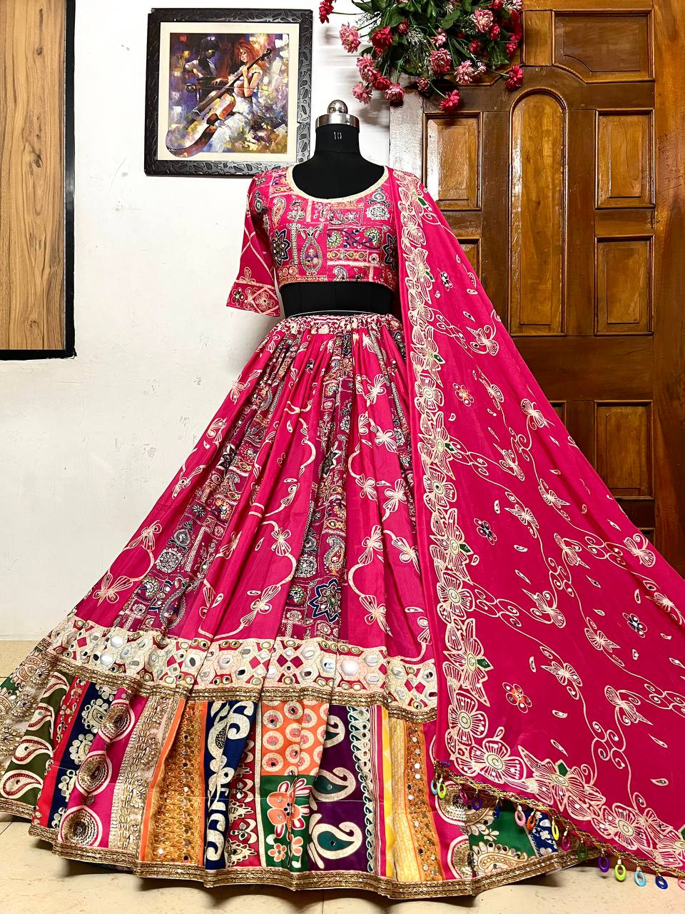 Pink Color Digital Printed with Real Mirror Work Navratri Lehenga Choli