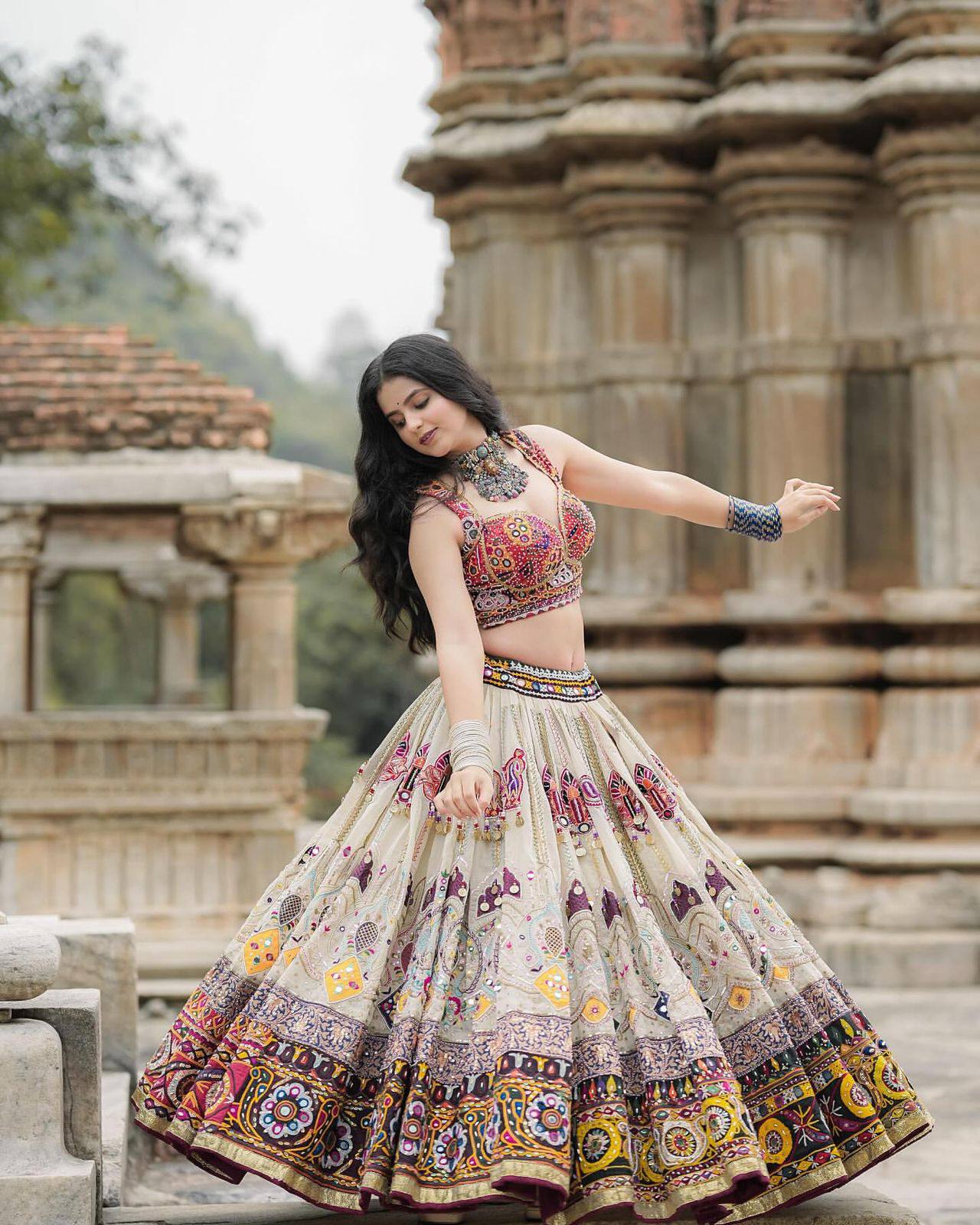 Off White Color Digital Printed Muslin Cotton Navratri Lehenga Choli