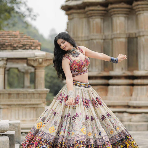 Off White Color Digital Printed Muslin Cotton Navratri Lehenga Choli
