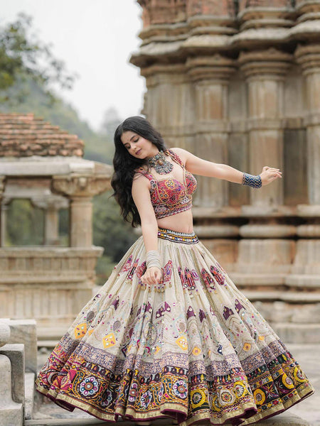 Off White Color Digital Printed Muslin Cotton Navratri Lehenga Choli