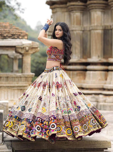Off White Color Digital Printed Muslin Cotton Navratri Lehenga Choli