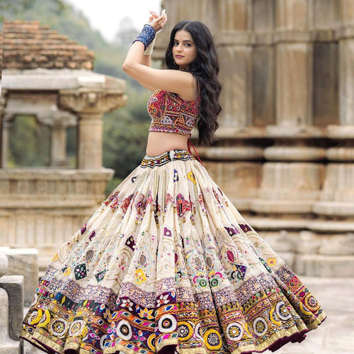 Off White Color Digital Printed Muslin Cotton Navratri Lehenga Choli