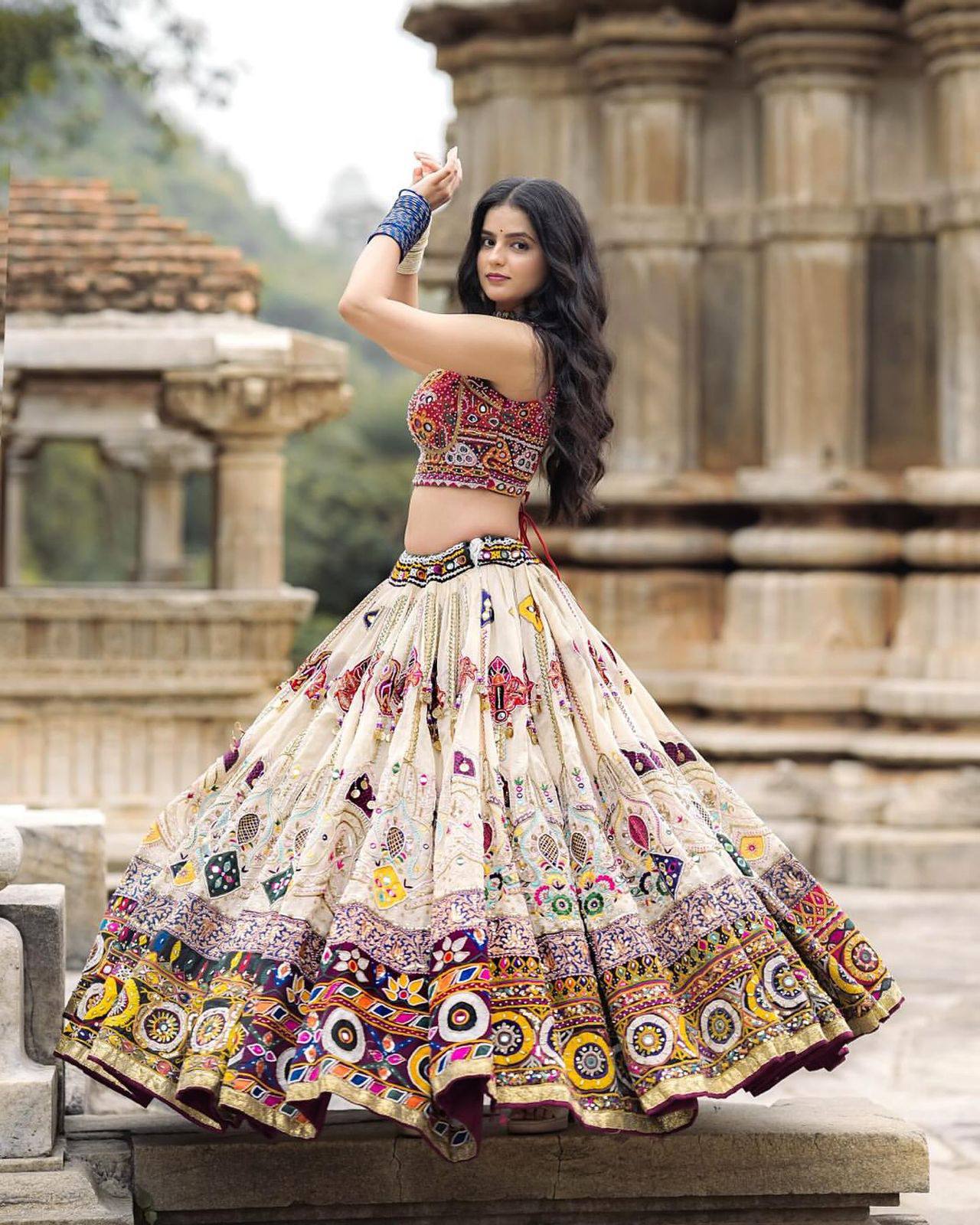 Off White Color Digital Printed Muslin Cotton Navratri Lehenga Choli