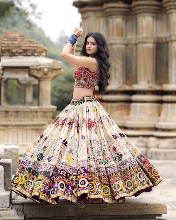 Off White Color Digital Printed Muslin Cotton Navratri Lehenga Choli