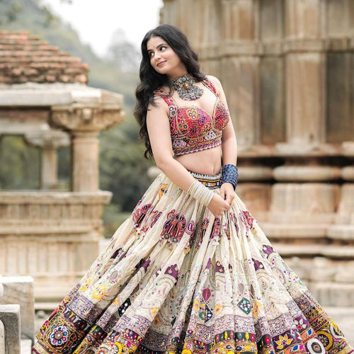 Off White Color Digital Printed Muslin Cotton Navratri Lehenga Choli