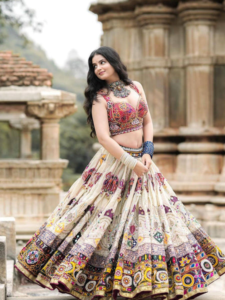 Off White Color Digital Printed Muslin Cotton Navratri Lehenga Choli
