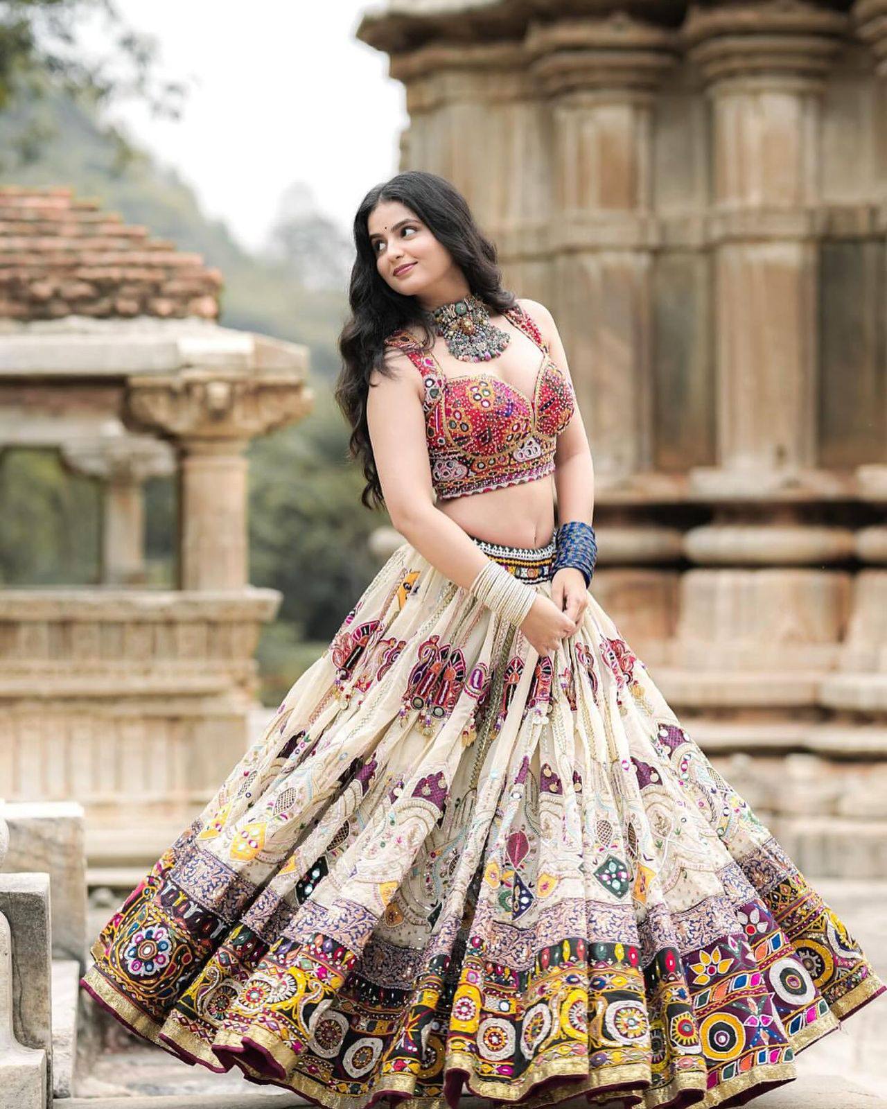 Off White Color Digital Printed Muslin Cotton Navratri Lehenga Choli