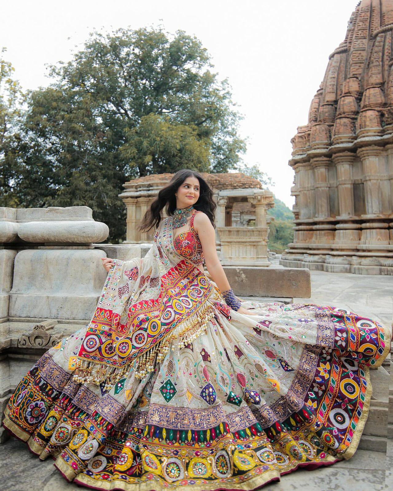 Off White Color Digital Printed Muslin Cotton Navratri Lehenga Choli